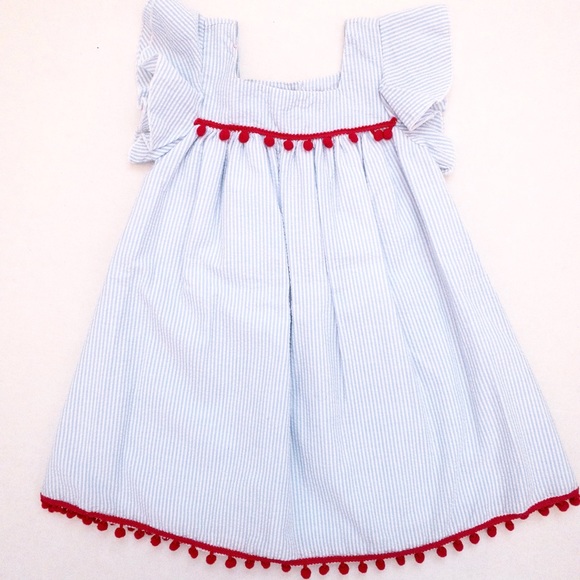 Seersucker & bright pink pom-pom trim dress (3T) - Picture 1 of 16